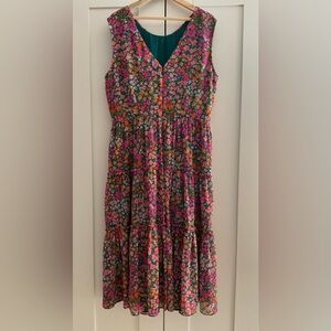 J. Crew Tiered Ruffle V-Back Sleeveless Chiffon Ditsy Floral Midi Dress Size M